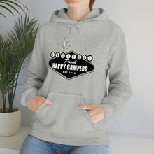 Load image into Gallery viewer, Happy Campers Vegas Sign Logo Black and White Ink Hoodie